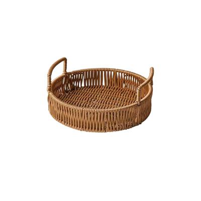 Multi-size Handwoven Rattan Storage Tray Round Wicker Basket Serving Tray With Wooden Handle Bread Food Plate Fruit Cake Platter