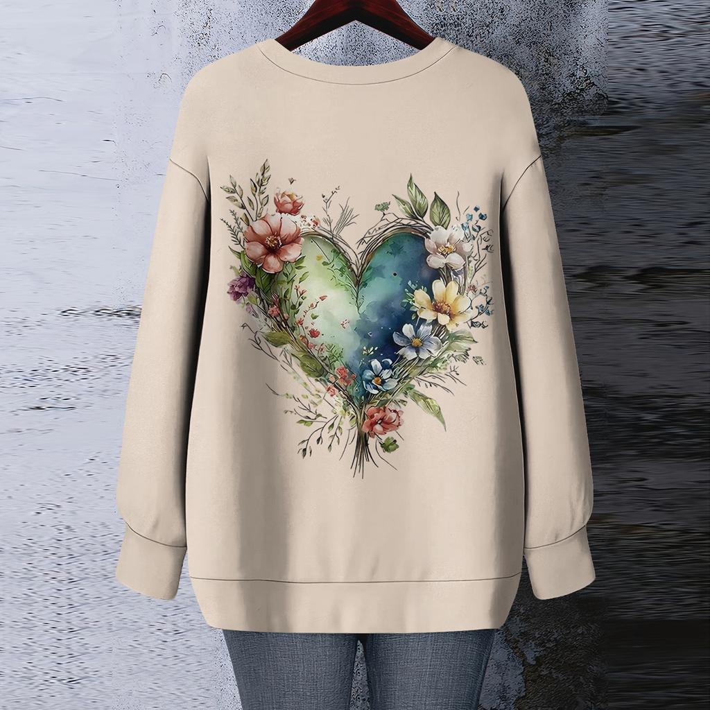 Women's Floral Print Round Neck Long Sleeved T-shirt Sweatshirt Top