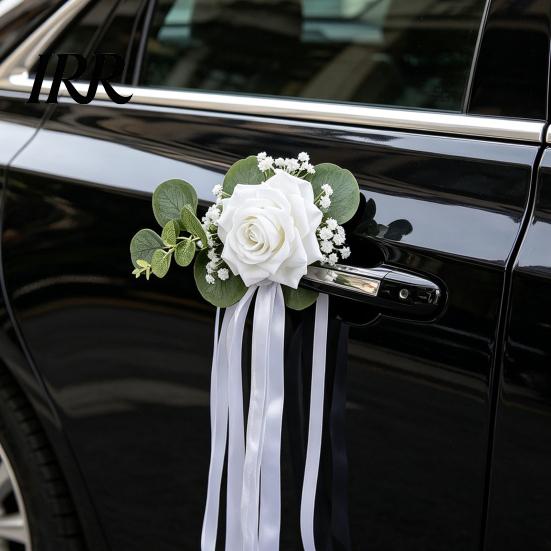 All-in-One Auto Dekoration Hochzeit Türgriff Blume mit Bandbindung und Grünen Blättern, Weiß Künstliche Foto Requisite Dekor Rose Rückspiegel Strauß