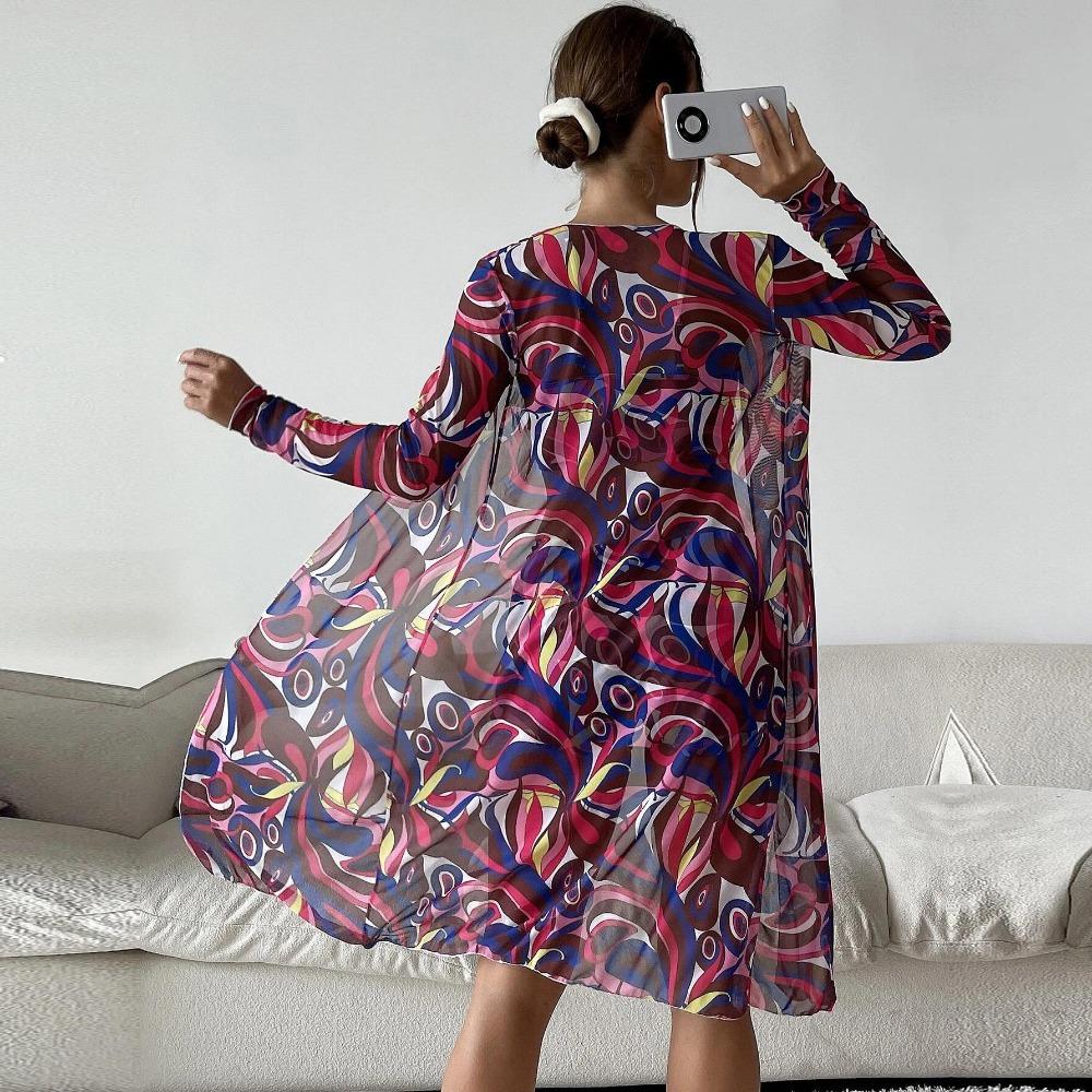 Swimsuit Women's Split Three Piece Set High Waist Long Sleeve Ins Overshirt Drawstring Printed Bikini Suits