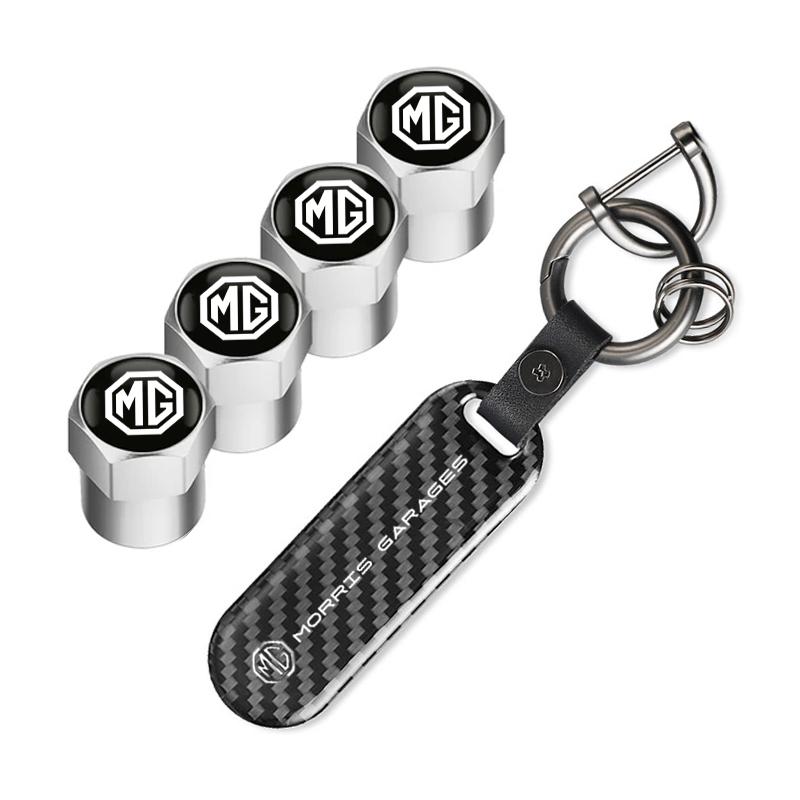 4pcs Auto Emblem Tire Valve Stem Cap Case Car Keychain For MG ZS MG5 GS HS GT ZST MG3 MG6 MG7 Hector ZX EZS EHS MG3X-Cross MG3SW FF1