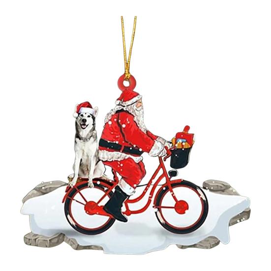 Santa Riding A Bicycle with A Dog Ornament Cute Acrylic Santa