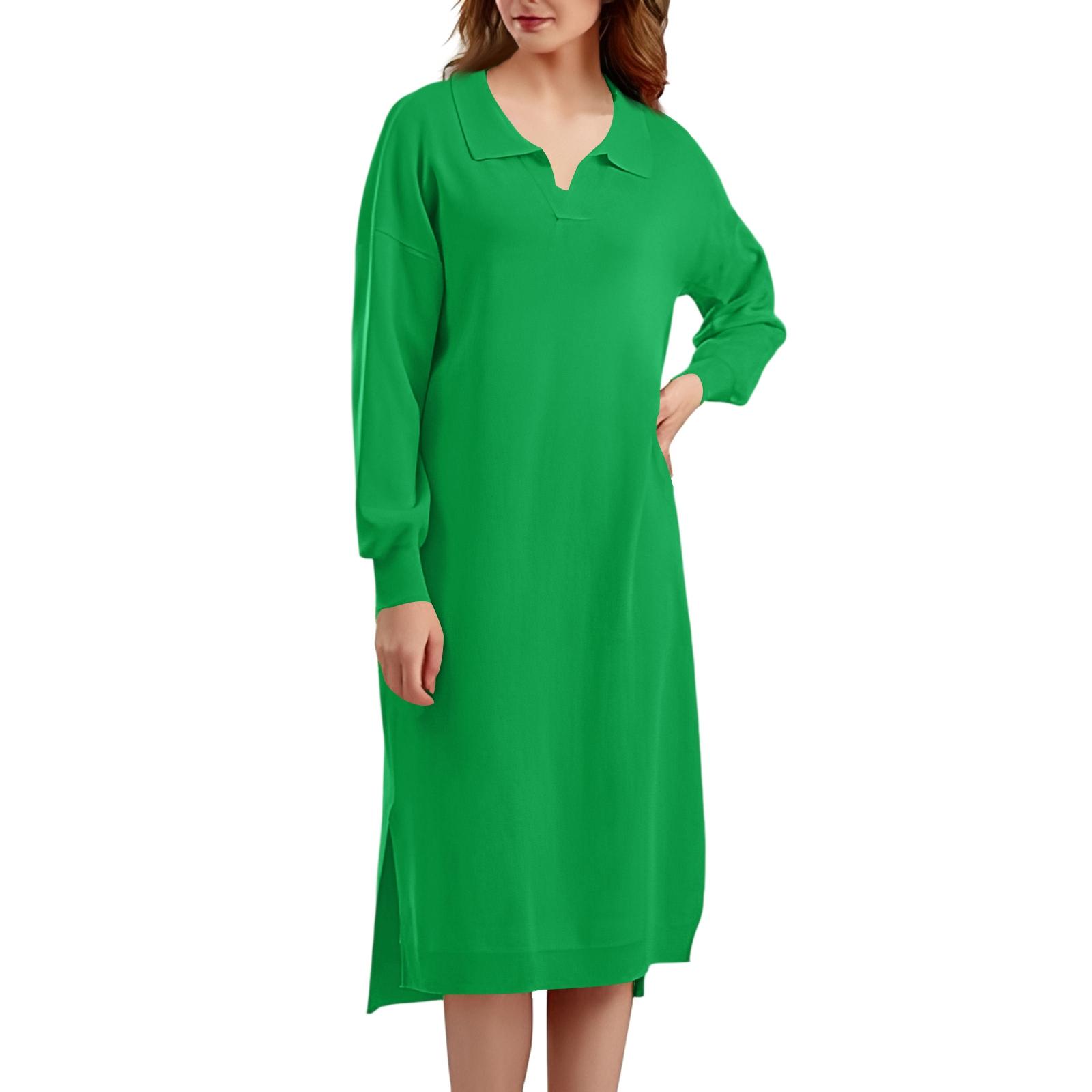 Women s Casual Lapel Long Sleeve Side Slit Long Sleeve Sweater Color Dress One Size