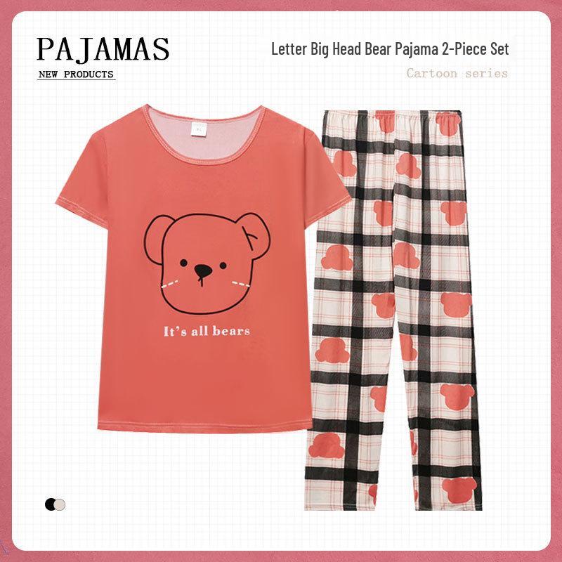Conjunto de pijama de verano para mujer: Cuello Redondo, Manga Corta, Estampado de Dibujos Animados, Ropa de Casa que Reduce la Edad