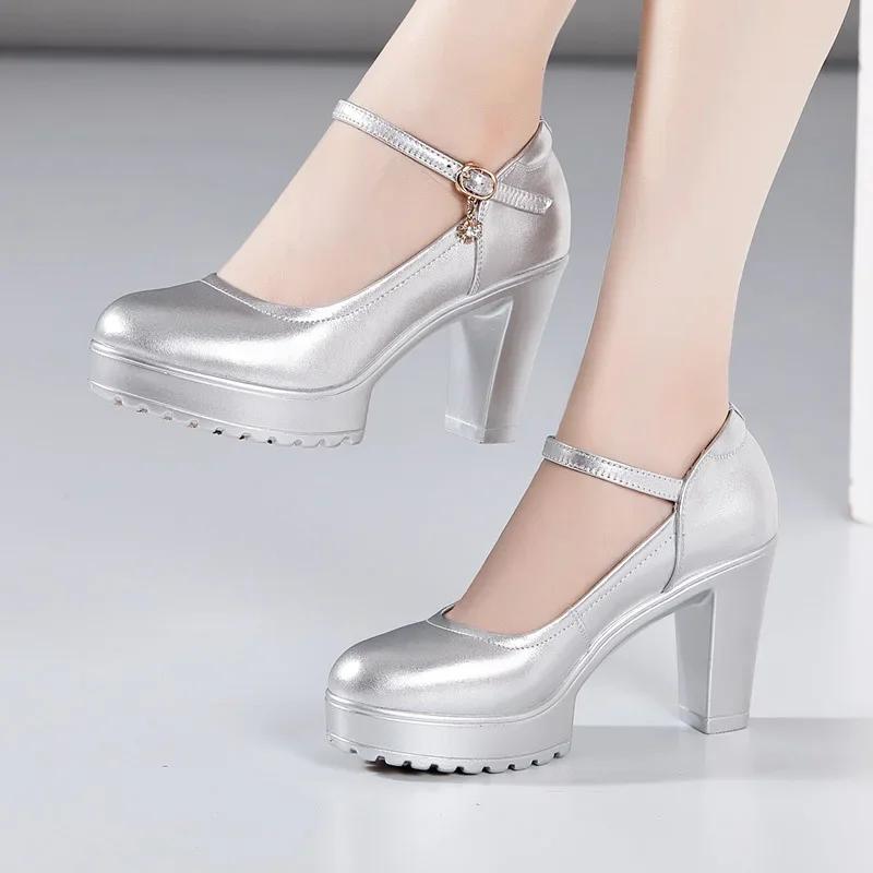 Fashion Cowhide Women's High Heel Shoes with Heels Platform Mary Jane Shoes Women Pumps Office Work Shoe Women's Wedding Shoes 32-43