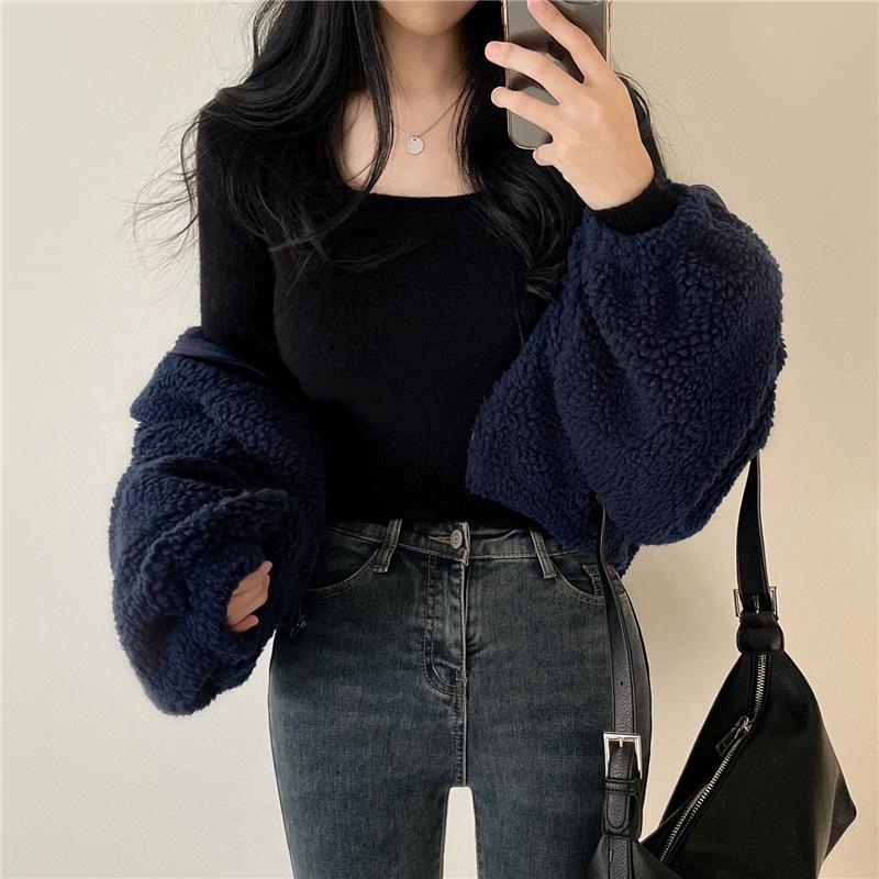 Dámská bunda z jehněčí vlny se stojáčkem a fleecovou podšívkou - Volný střih, Silná, Zapínací svetr na podzim/zimu 2025