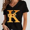Women’s V-neck Graphic Shirts Orange A-Z Alphabet Sunflowers Short Sleeves  Harajuku Fashion Girl Casual Y2k Trend Tshirts Top