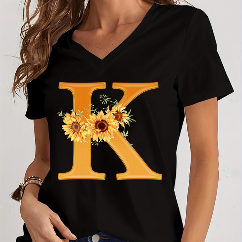 Women’s V-neck Graphic Shirts Orange A-Z Alphabet Sunflowers Short Sleeves Harajuku Fashion Girl Casual Y2k Trend Tshirts Top
