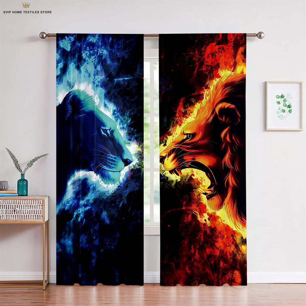 Creative Printed Curtains for Bedroom, 2-Piece Set of Water, Fire, Tai Chi and Two-Pole, Living Room and Kitchen Decorations