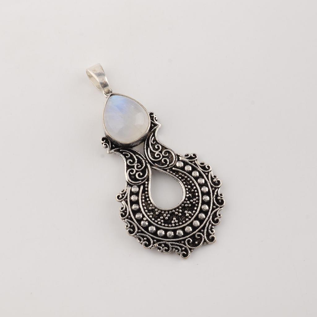 Natural Rainbow Moonstone Gemstone 925 Sterling Silver Oxidize Jewelry Pretty White-Stone Pendant 1.8" For Your Loved Ones CP-45-22