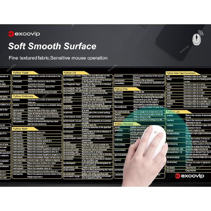Python Commands Shortcuts Mouse Pad -80x30x0.2 Cm Extended Large Cheat Sheet Mousepad PC Office Spreadsheet Keyboard Mouse Mat Non-Slip Stitched Edge