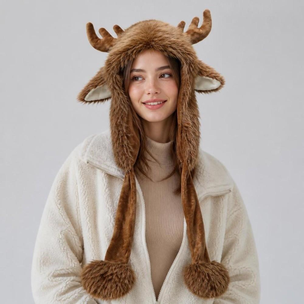 Warm Christmas Elk Hat Plush Ear Protection Cap Lovely Reindeer Antler Hat Daily
