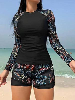2025 Women's Long Sleeve Print Splicing Tankini Swimsuit