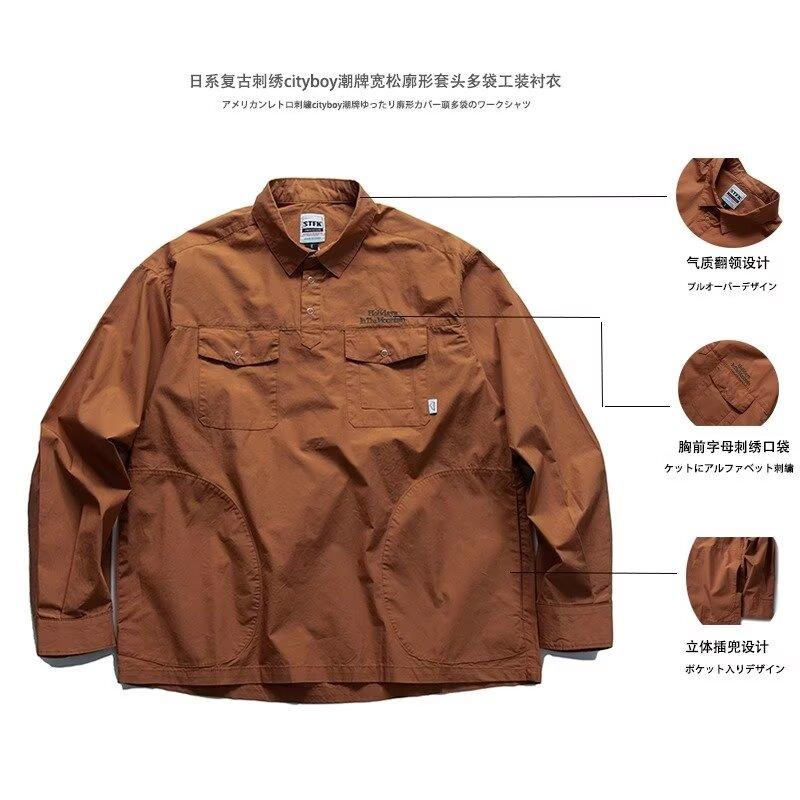 Japanisches Retro Einfaches Buchstabenbesticktes Hemd Herren Langarm Revers Mehrfach-Taschen Freizeit Hemd Frühling und Herbst Mantel