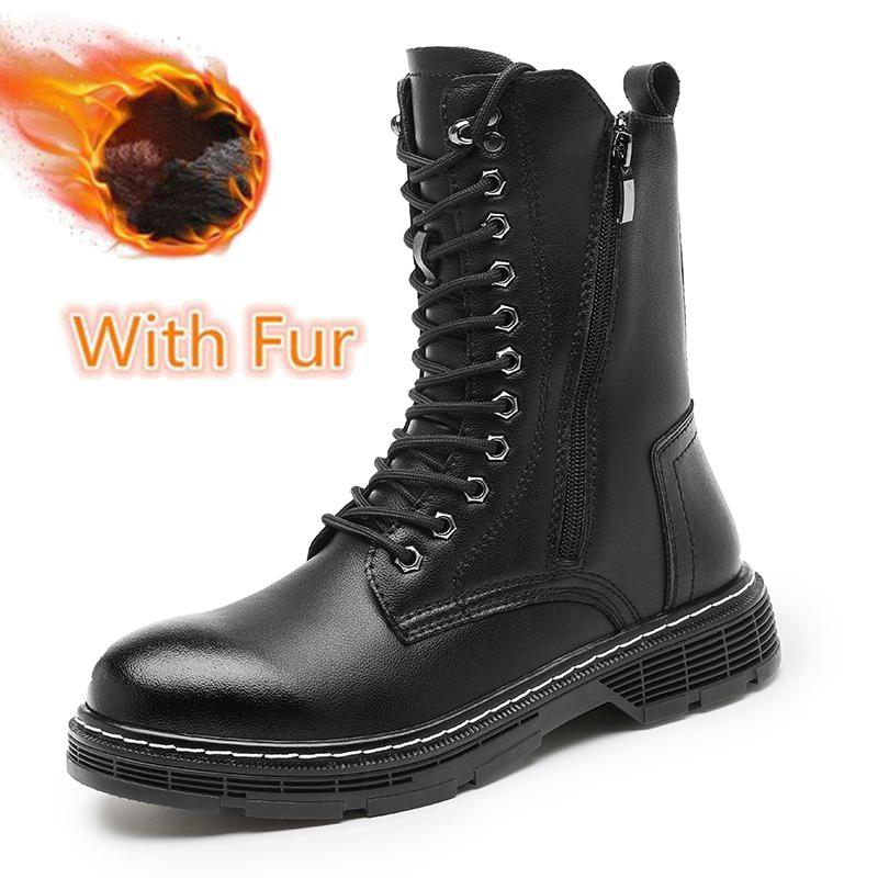 FashionHigh Top Men Motocross Boots Fashion Lace Up Platform Sneakers Genuine Leather Man Motorcycle Boots Warm Plush Fur Winter Boots