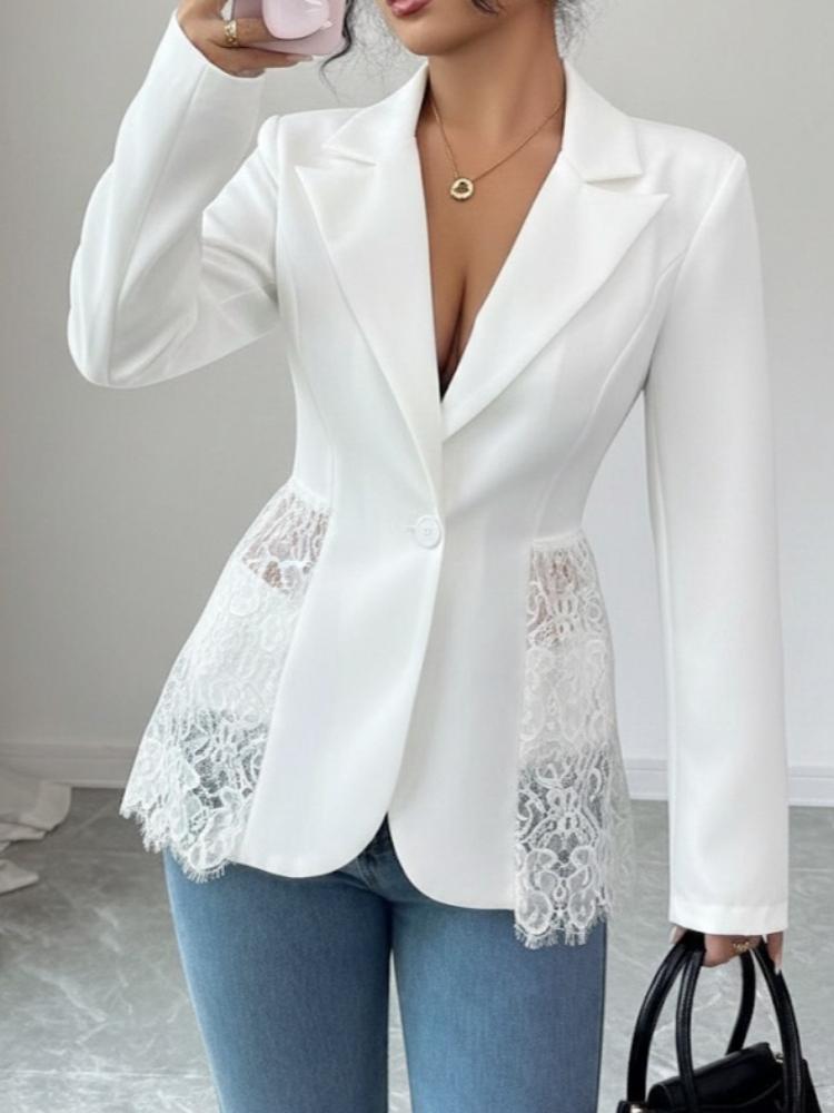 Women Elegant Hem Black Suit Coat Fashion V-neck Single Breasted Color Lace Patchwork Blazer Waist Slimming Women's Suit Jacket