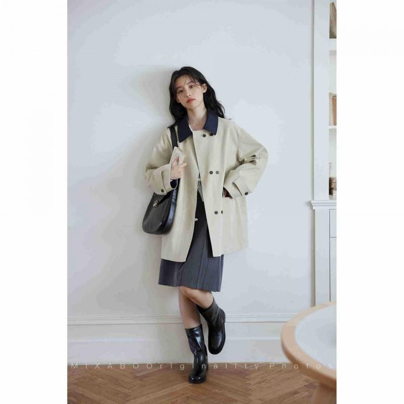 2026 Womens Lightweight Cotton-Quilted Short Trench Coat Color-Block Casual Outerwear Loose Fit With POLO Collar