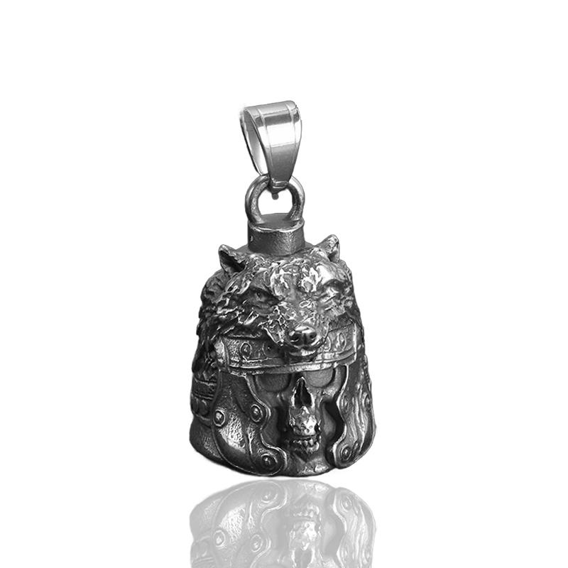 Vintage Gladiator Wolf Skull Guardian Bell Pendant Charm Stainless Steel Necklaces Punk Hip Hop Men Women Jewelry Halloween Gift