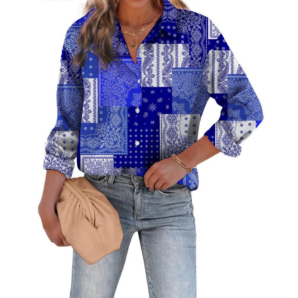 1116 Fashion European and American Shirts Spring and Autumn Loose Digital Printed Checked Cardigan Women's Shirt