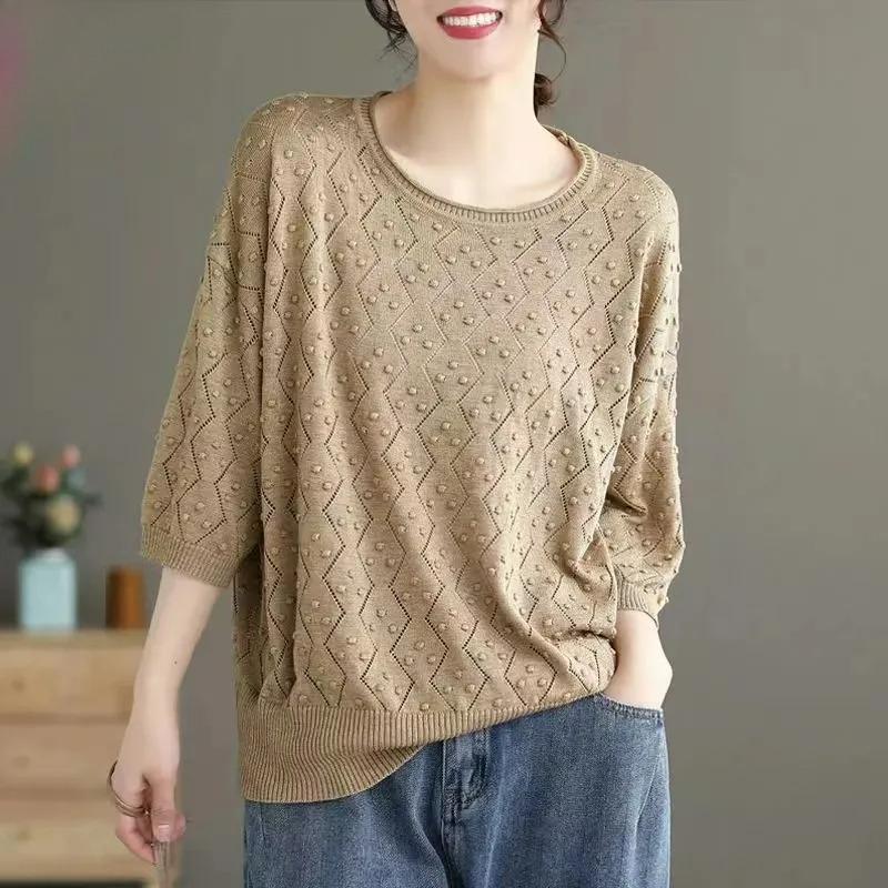 Spring Size Autumn And Plus Summer Knitted Sunscreen Shirt Tshirt Womens Literary Retro Midsleeved Woolen Top