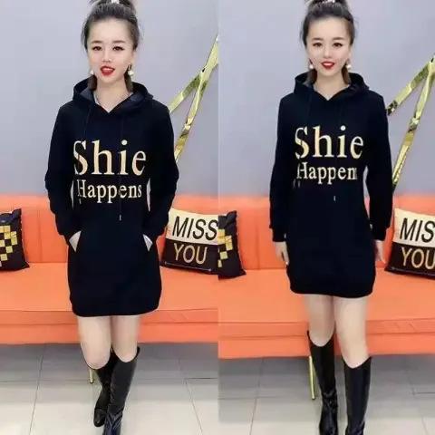 Dress autumn and winter new velvet fashion slim and thin versatile letter hooded long-sleeved sweater skirt female trend