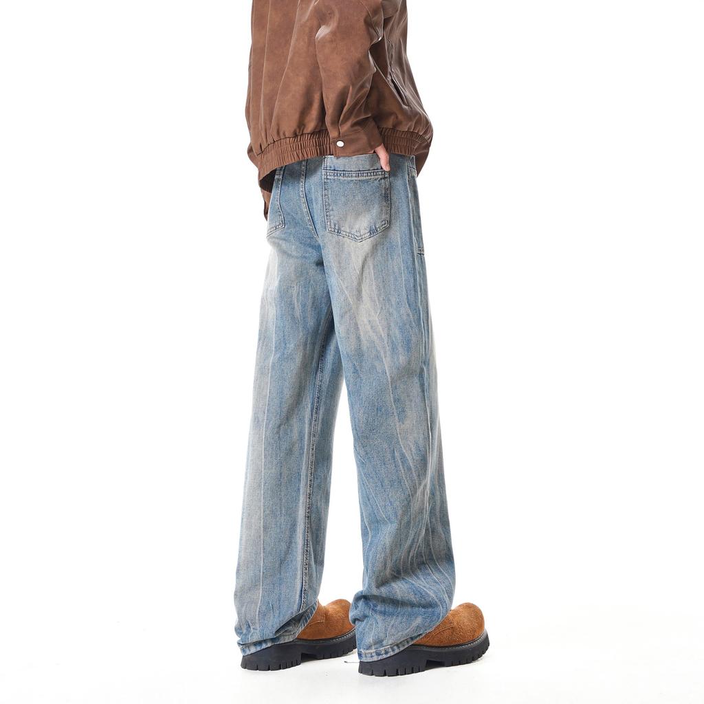 Bamboo pattern washed micro-pull jeans men's and women's American vibe casual straight-leg pants trendy ruffian handsome wide-leg trousers