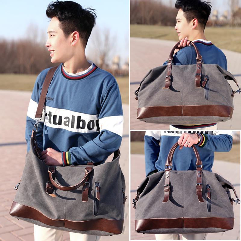 Canvas Leather Travel Carry On Luggage Duffel Travel Tote Large Weekend Overnight Male Bag