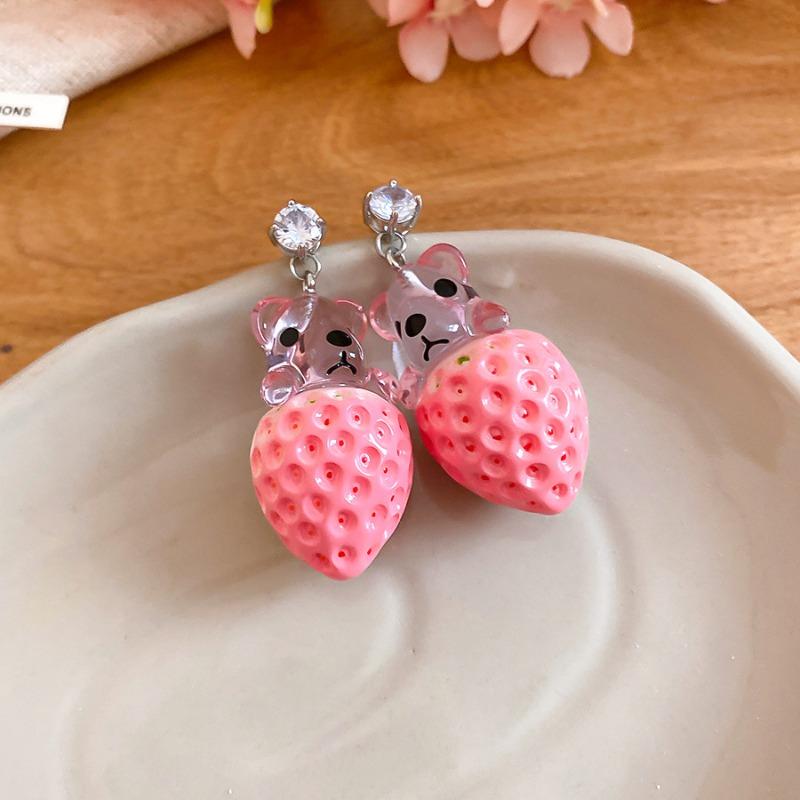 Silver needle zircon resin bear strawberry stud earrings cartoon sweet and cute versatile earrings design sense niche earrings women
