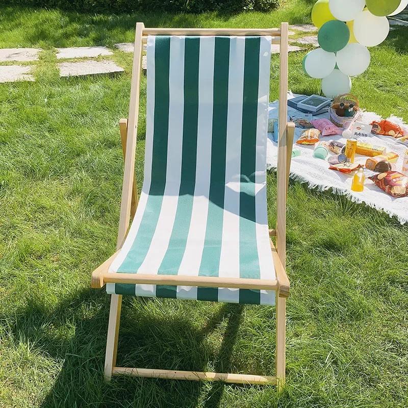 Outdoor Minimalist Beach Chair Modern Luxury Design Wooden Foldable Lounge Oxford Cloth Portable Comfortable Leisure Furniture