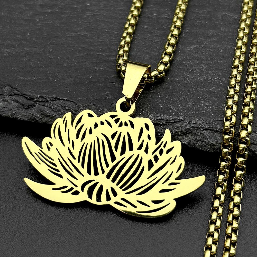 Hollow Yoga Lotus Flower Stainless Steel Pendant Necklace for Women Men Spiritual Buddhist Symbol Chain Amulet Jewelry Gift