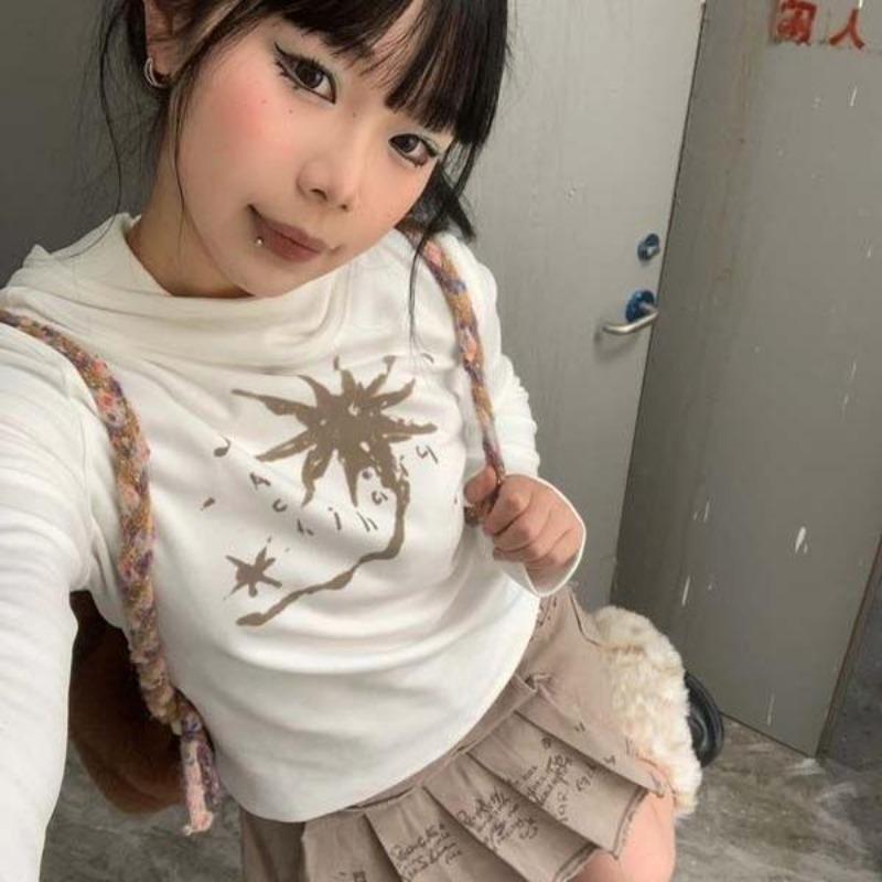 2KWEIRD Japanese Y2k Hooded T-shirt Grunge Aesthetics Green Long Sleeve Tee Shirt Vintage Harajuku Hooded Tops 2000s Streetwear