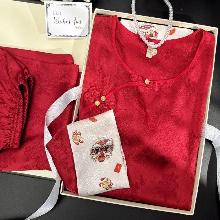 

Women s Red Chinese Silk Pajamas Set - Year of the Rat Wedding Long Sleeve Homewear XL