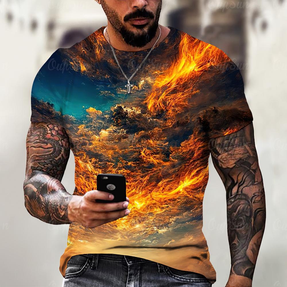 Lightning 3D Printed Short Sleeved T-shirt Summer Breathable Polyester Simple Round Neck Top