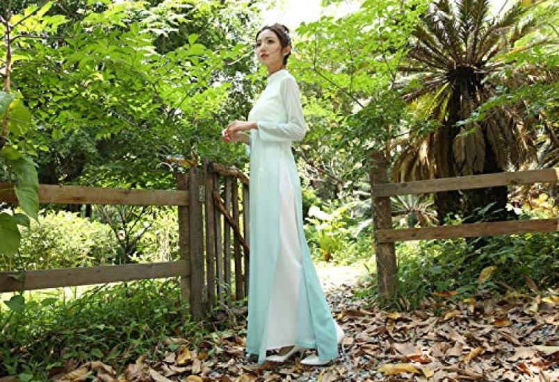 Ao Dai Ao Dai Style Long Chiffon Dress and Green Size [TRTRO] Dress, (White Gradient, M)