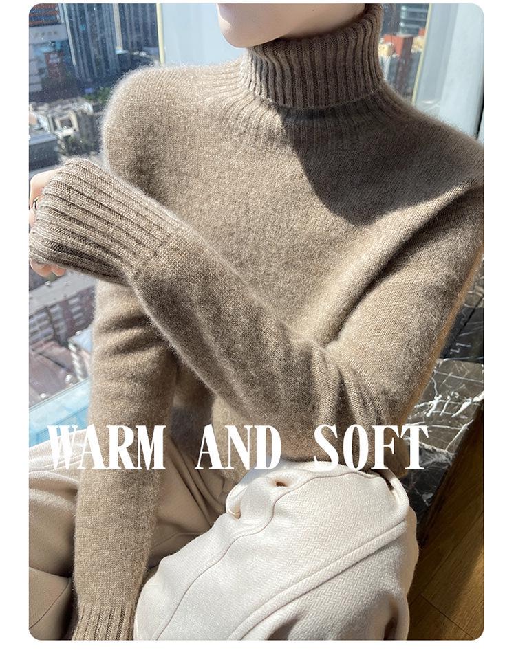 Women's Heavyweight Pure Wool High Neck Sweater - Long Sleeve Cashmere Knit, Perfect for Autumn and Winter