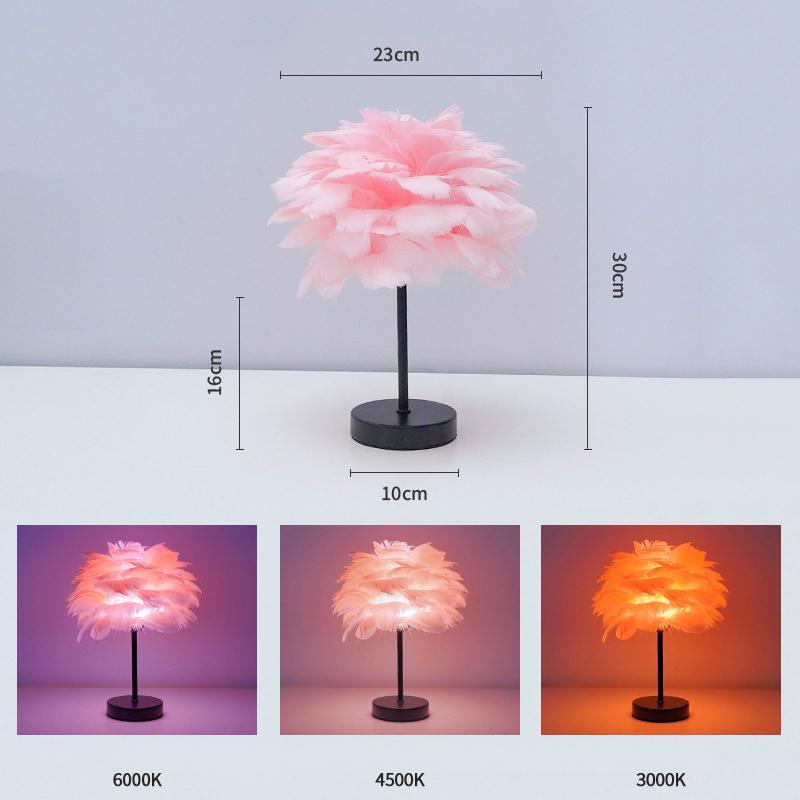 Ins Romantic Feather Table Lamp, Dimmable Bedside Night Light for Bedroom Decor