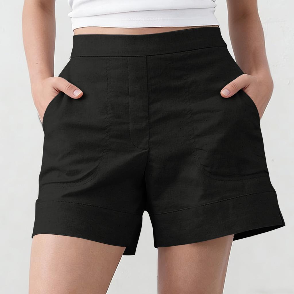 Women's Cotton And Linen Shorts, With Pockets, Soft Button Closure, Zipper, Slim Fit.