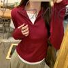 Spring Burgundy Slim-fitting and Thin Top Women's Fake Two-piece Zipper Long-sleeved T-shirt Retro Versatile Bottoming Shirt