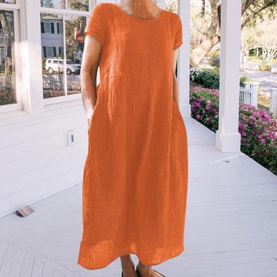 Yousheng Summer Maxi Dress with Side Pockets Round Neck Short Sleeves Loose Solid Color Ankle Length Retro Dress for Daily Wear Dating Travel