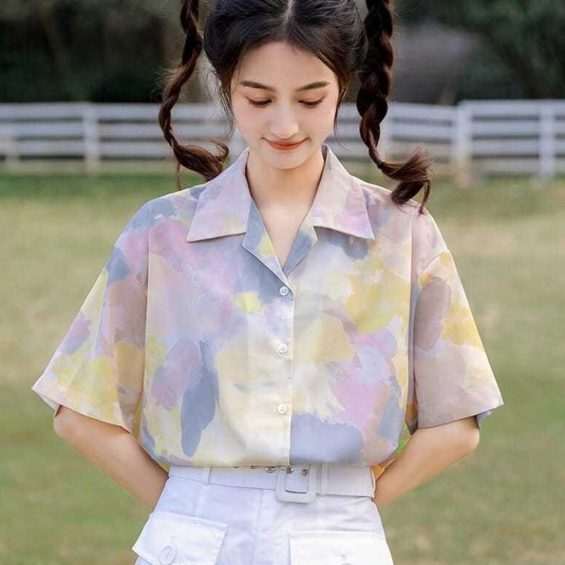 Damen Farbverlauf Hemd Umlegekragen Einreiher Knopf Mehrfarbig Damen Kurzarm Blusen Lässig Trendig Weiblich Locker Oberteil