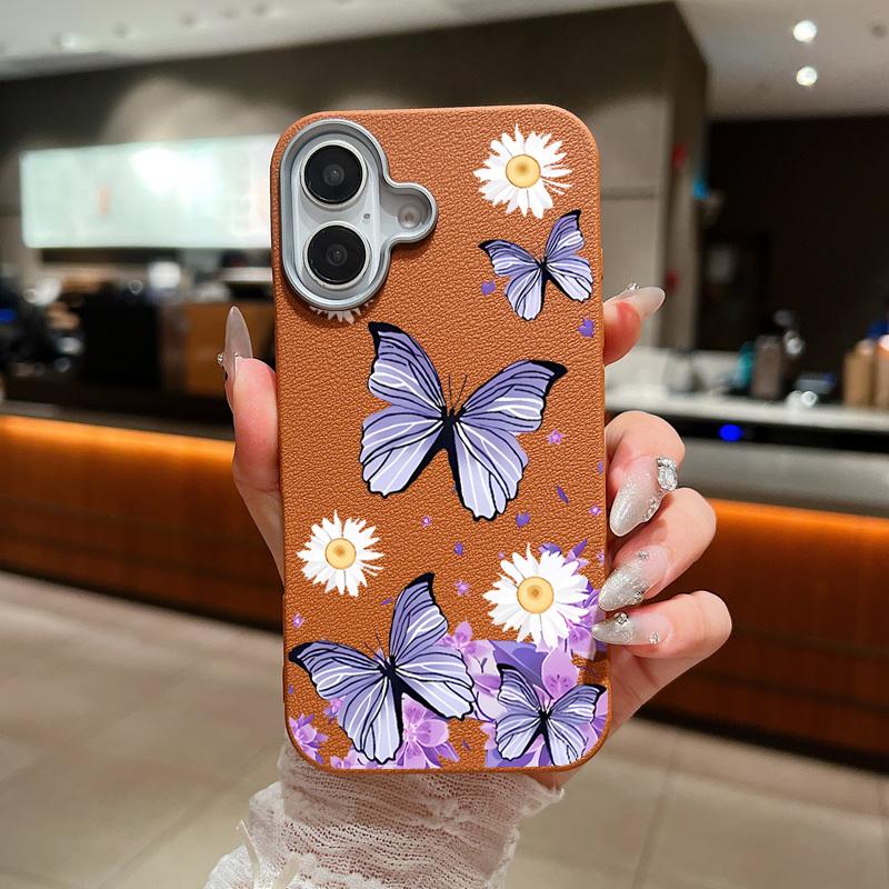 Butterflies Flowers Phone Case For iPhone 16 15 Pro Max 16e 15 14 Plus 13 12 Pro Max 11 Shockproof Leather Texture Soft Colourful Cover