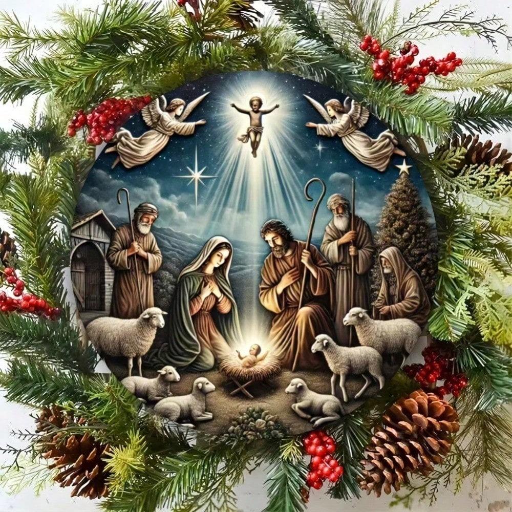 Metal Nativity Sign Christmas Wall Decor Embossed Holiday Art Living Room Bar Cafe