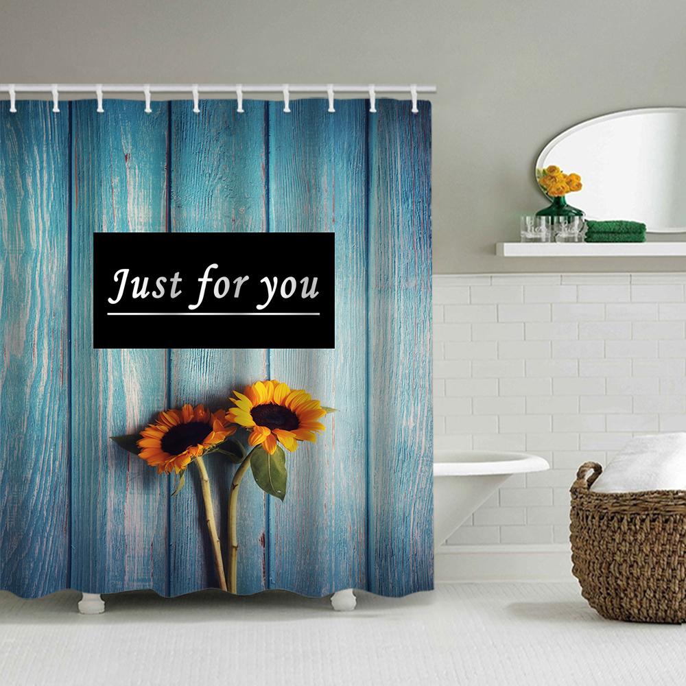 1/4 Wooden Sunflower Shower Curtains, Toilet Seat Decoration, Shower Curtain With Carpet And Toilet Lid, 12 70.8X70.8 Inch Hooks