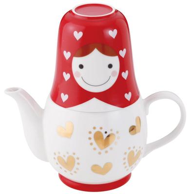 Sun Art Cute Tableware [Matryoshka] Teapot & Cups (Tea Set for 2) Red X White SAN1790