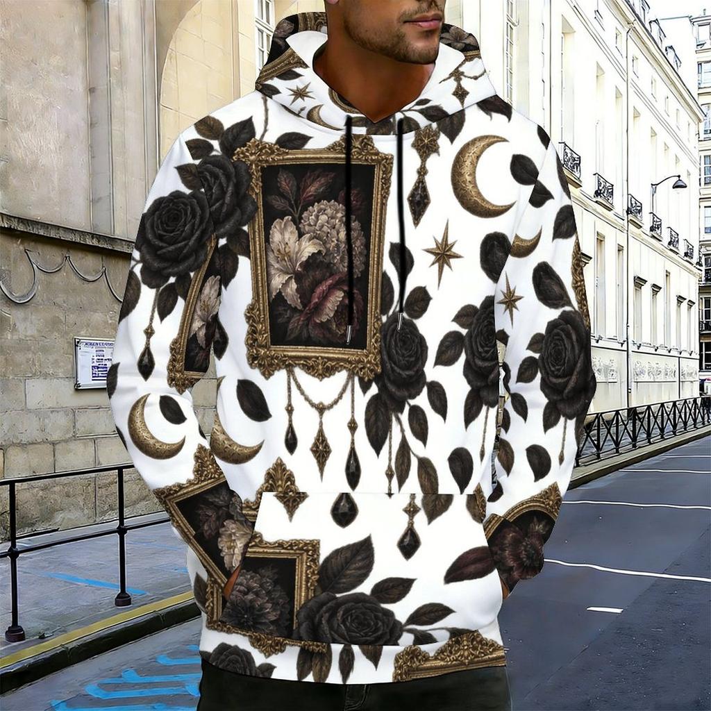 Men s Plus Size Long Sleeve Drawstring Hoodie Black Rose Gold Moon Star Printed White Kangaroo Pocket Pullover