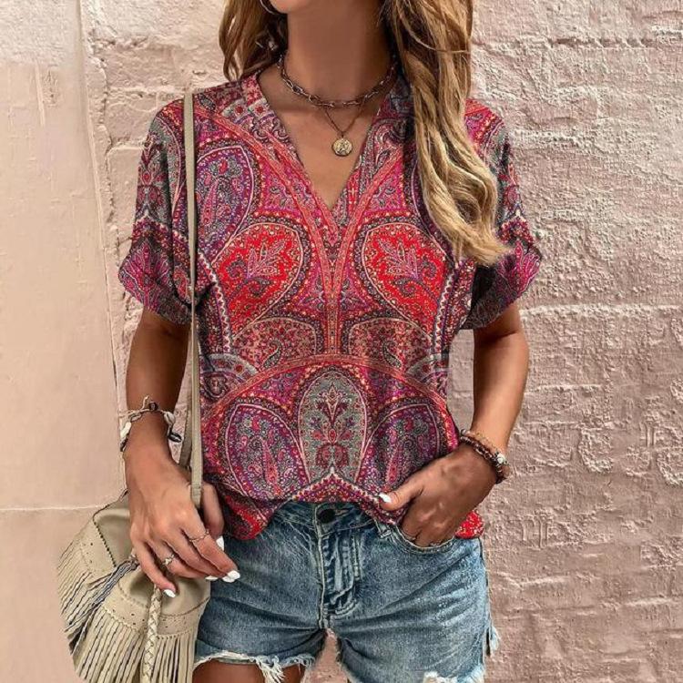 Summer V-neck Design Niche Vintage Pattern Printed Top Women's T-shirts