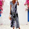 Women Plus Size V Neck Short Sleeve Black Dots Printed Long Dress