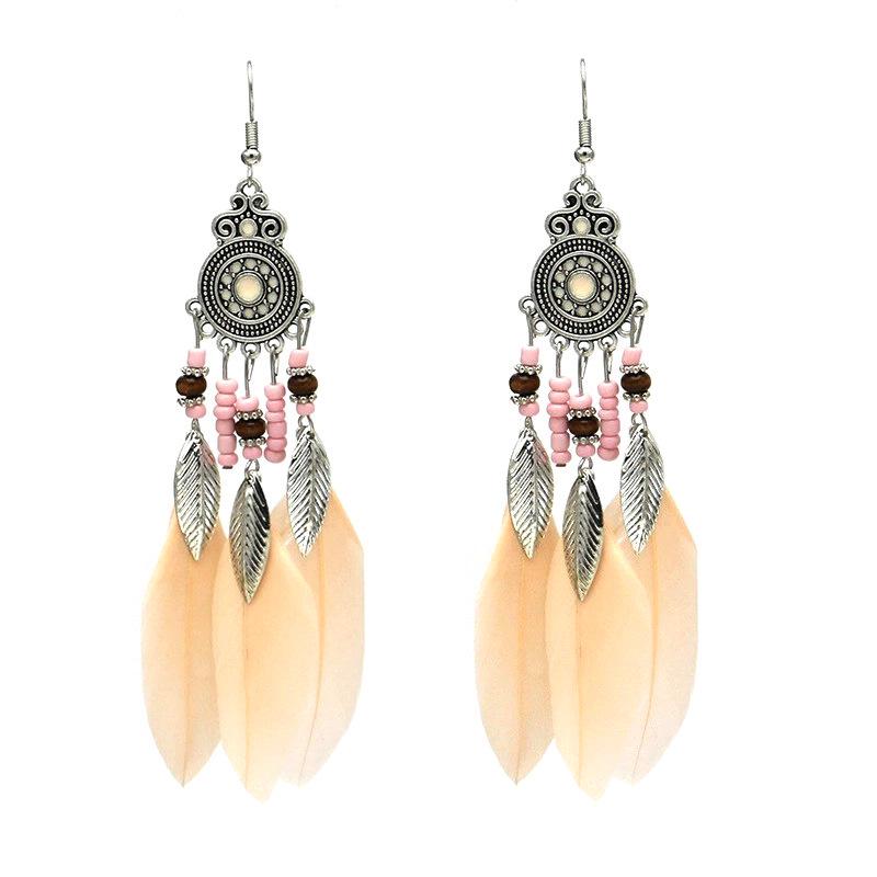 Bohemian Faux Silver Feather Tassel Mosquito Coil Earrings: Summer Retro Ethnic Ear Jewelry
