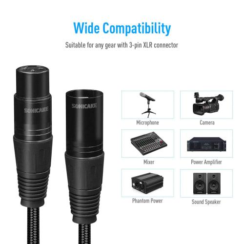 SONICAKE Microphone Cable, XLR Male to Female, 3-Pin Nylon Braided, for Studio Recording and Live Production, Black (3M)