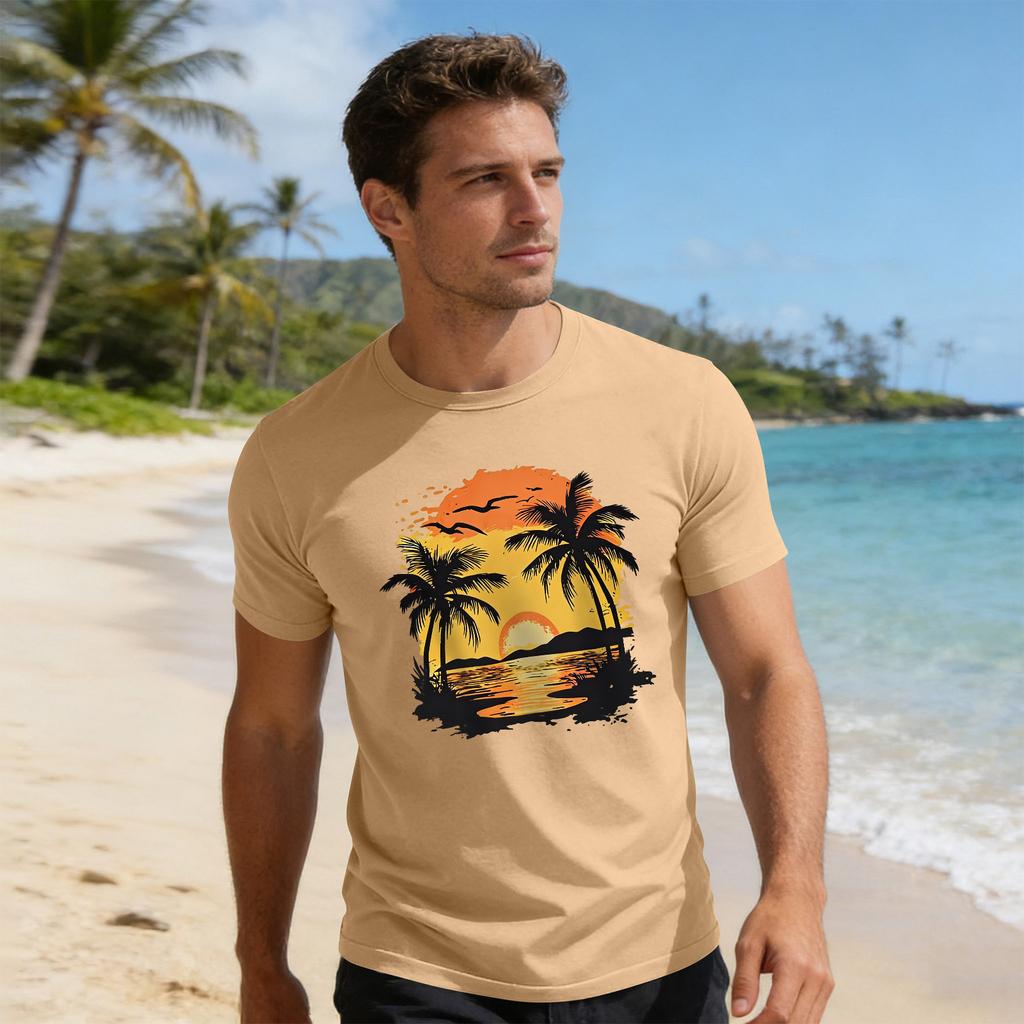 Top Masculino Estampa de Férias Gola Redonda Manga Curta Casual Esportivo